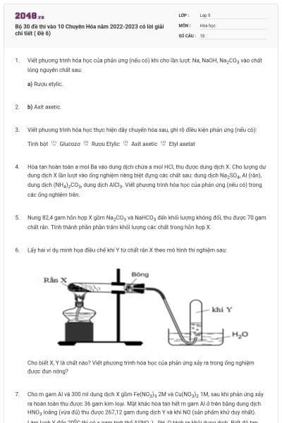 Bộ 30 đề thi vào 10 Chuyên Hóa năm 2022-2023 có lời giải chi tiết ( Đề 6)