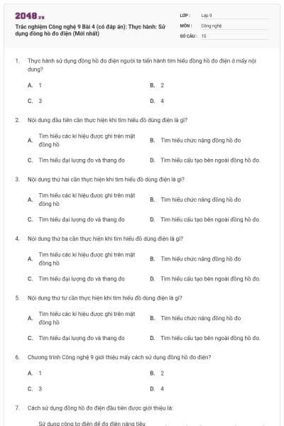 Trắc nghiệm Công nghệ 9 Bài 4 (có đáp án): Thực hành: Sử dụng đồng hồ đo điện (Mới nhất)