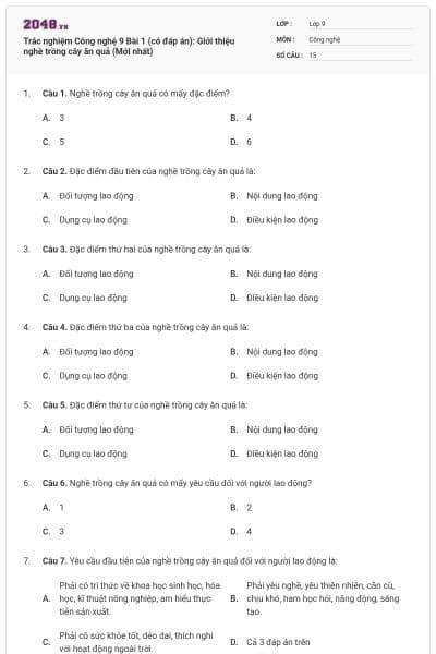 Trắc nghiệm Công nghệ 9 Bài 1 (có đáp án): Giới thiệu nghề trồng cây ăn quả (Mới nhất)