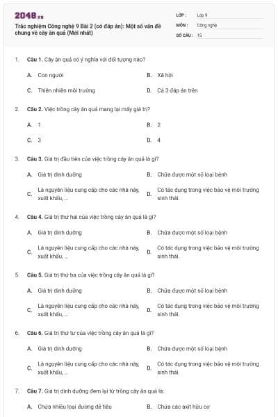 Trắc nghiệm Công nghệ 9 Bài 2 (có đáp án): Một số vấn đề chung về cây ăn quả (Mới nhất)