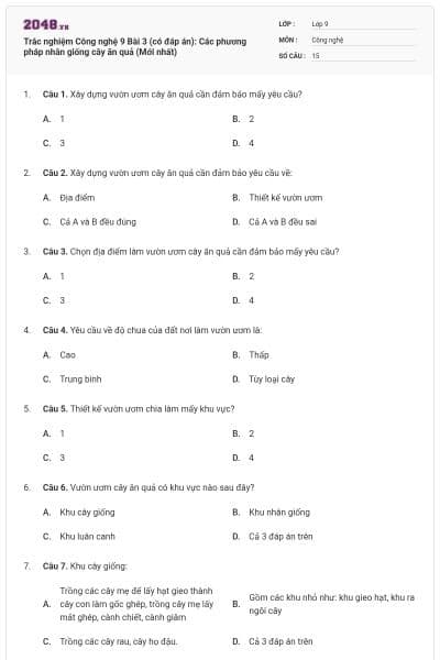Trắc nghiệm Công nghệ 9 Bài 3 (có đáp án): Các phương pháp nhân giống cây ăn quả (Mới nhất)