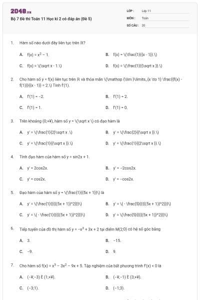 Bộ 7 Đề thi Toán 11 Học kì 2 có đáp án (Đề 5)