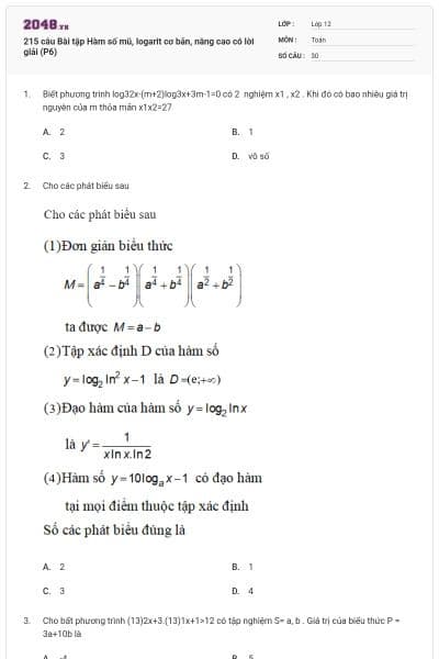 215 câu Bài tập Hàm số mũ, logarit cơ bản, nâng cao có lời giải (P6)