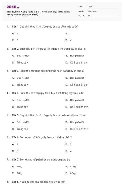 Trắc nghiệm Công nghệ 9 Bài 13 (có đáp án): Thực hành: Trồng cây ăn quả (Mới nhất)