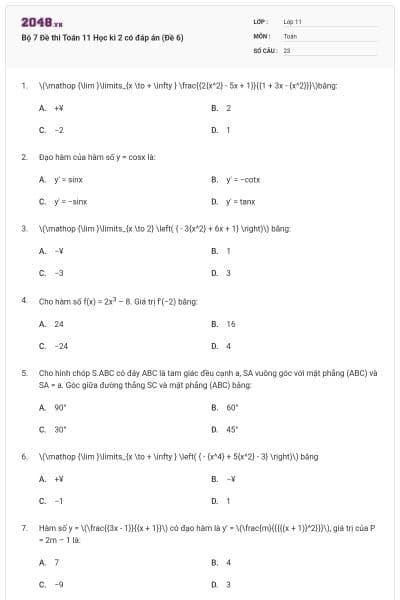Bộ 7 Đề thi Toán 11 Học kì 2 có đáp án (Đề 6)