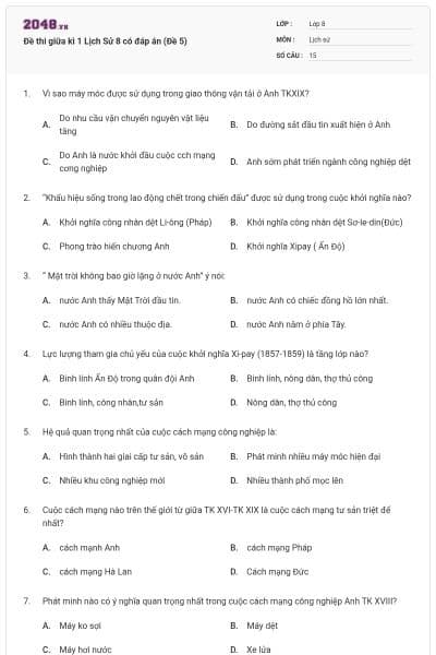 Đề thi giữa kì 1 Lịch Sử 8 có đáp án (Đề 5)