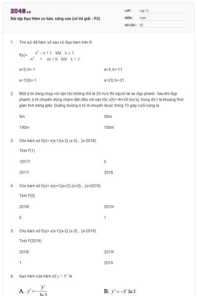 Bài tập Đạo Hàm cơ bản, nâng cao (có lời giải - P3)