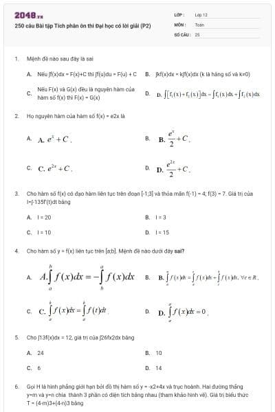 250 câu Bài tập Tích phân ôn thi Đại học có lời giải (P2)