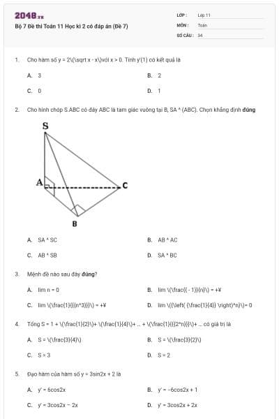 Bộ 7 Đề thi Toán 11 Học kì 2 có đáp án (Đề 7)