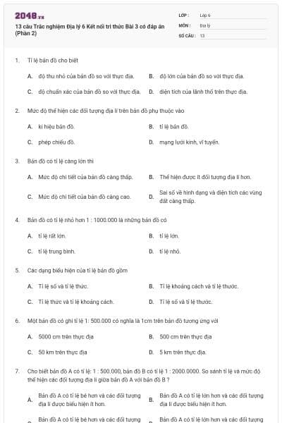 13 câu Trắc nghiệm Địa lý 6 Kết nối tri thức Bài 3 có đáp án (Phần 2)