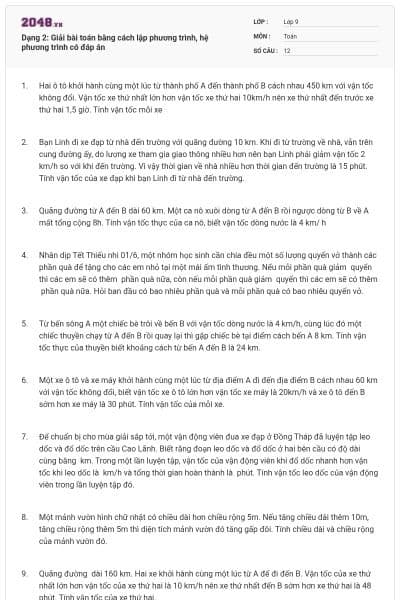 Dạng 2: Giải bài toán bằng cách lập phương trình, hệ phương trình có đáp án