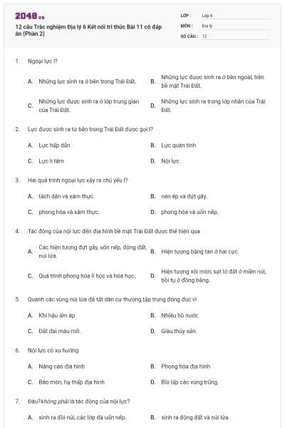 12 câu Trắc nghiệm Địa lý 6 Kết nối tri thức Bài 11 có đáp án (Phần 2)