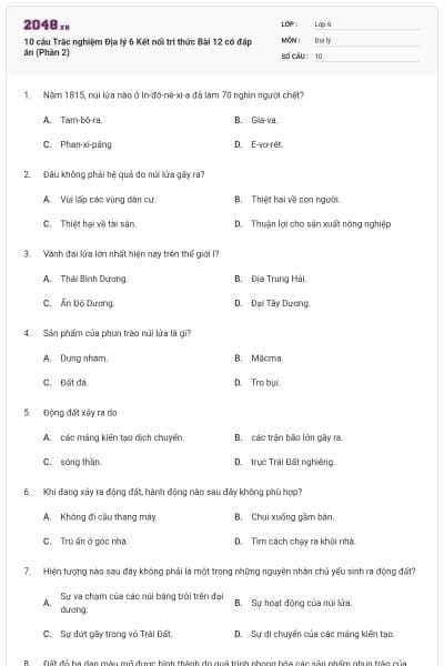 10 câu Trắc nghiệm Địa lý 6 Kết nối tri thức Bài 12 có đáp án (Phần 2)