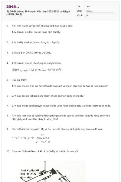 Bộ 30 đề thi vào 10 Chuyên Hóa năm 2022-2023 có lời giải chi tiết ( Đề 8)