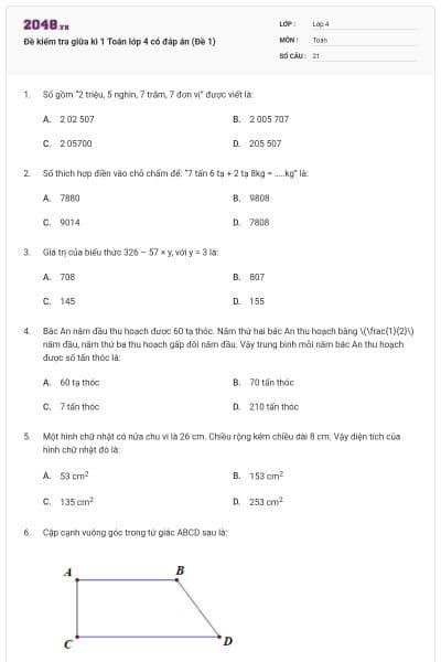 Đề kiểm tra giữa kì 1 Toán lớp 4 có đáp án (Đề 1)