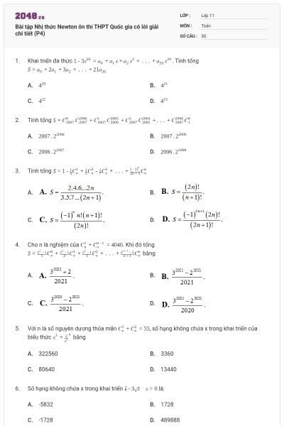 Bài tập Nhị thức Newton ôn thi THPT Quốc gia có lời giải chi tiết (P4)