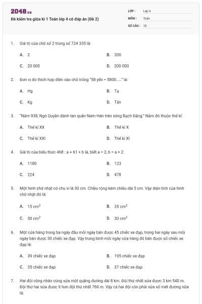 Đề kiểm tra giữa kì 1 Toán lớp 4 có đáp án (Đề 2)