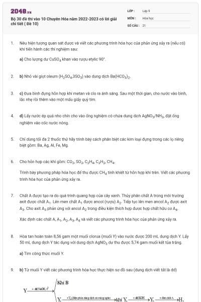 Bộ 30 đề thi vào 10 Chuyên Hóa năm 2022-2023 có lời giải chi tiết ( Đề 10)