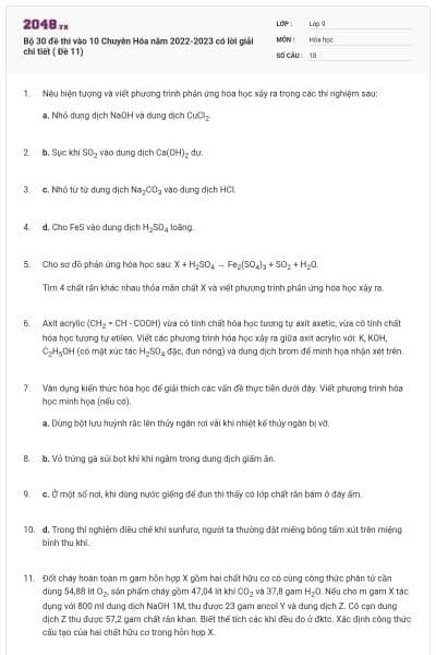 Bộ 30 đề thi vào 10 Chuyên Hóa năm 2022-2023 có lời giải chi tiết ( Đề 11)