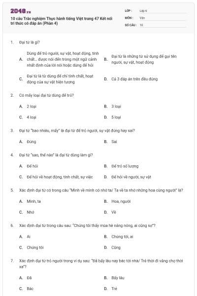 10 câu Trắc nghiệm Thực hành tiếng Việt trang 47 Kết nối tri thức có đáp án (Phần 4)
