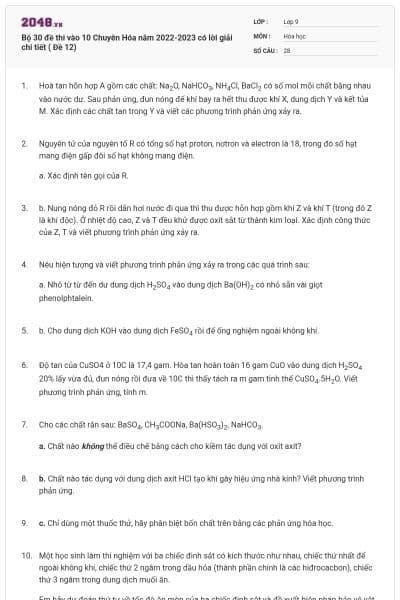 Bộ 30 đề thi vào 10 Chuyên Hóa năm 2022-2023 có lời giải chi tiết ( Đề 12)