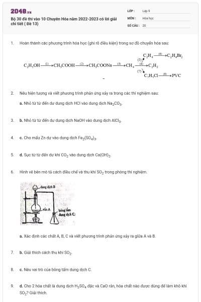 Bộ 30 đề thi vào 10 Chuyên Hóa năm 2022-2023 có lời giải chi tiết ( Đề 13)
