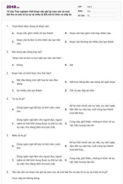 10 câu Trắc nghiệm Viết đoạn văn ghi lại cảm xúc về một bài thơ có yếu tố tự sự và miêu tả Kết nối tri thức có đáp án
