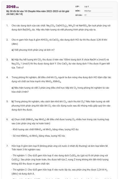 Bộ 30 đề thi vào 10 Chuyên Hóa năm 2022-2023 có lời giải chi tiết ( Đề 14)