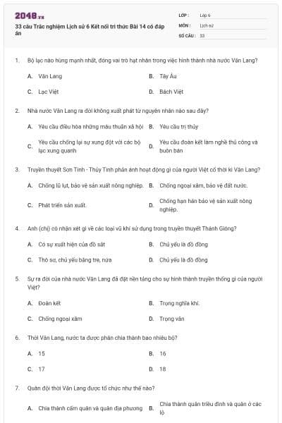 33 câu Trắc nghiệm Lịch sử 6 Kết nối tri thức Bài 14 có đáp án