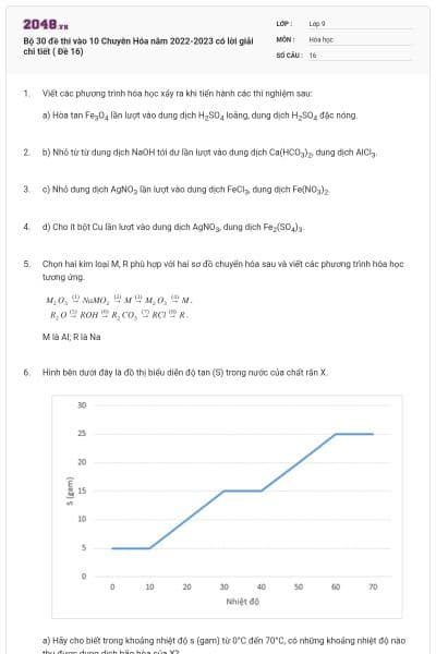 Bộ 30 đề thi vào 10 Chuyên Hóa năm 2022-2023 có lời giải chi tiết ( Đề 16)
