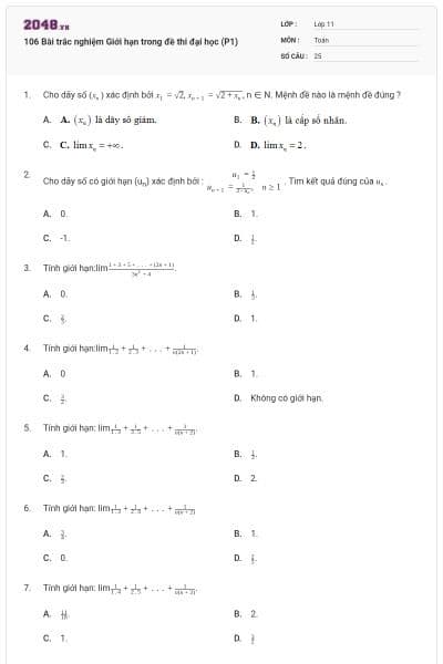 106 Bài trắc nghiệm Giới hạn trong đề thi đại học (P1)