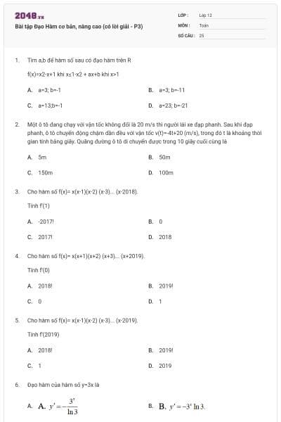 Bài tập Đạo Hàm cơ bản, nâng cao (có lời giải - P3)