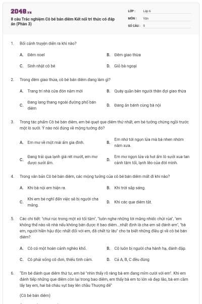 8 câu Trắc nghiệm Cô bé bán diêm Kết nối tri thức có đáp án (Phần 3)