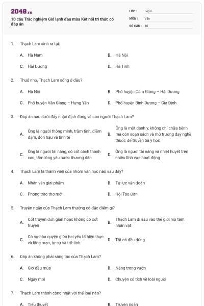 10 câu Trắc nghiệm Gió lạnh đầu mùa Kết nối tri thức có đáp án