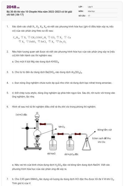 Bộ 30 đề thi vào 10 Chuyên Hóa năm 2022-2023 có lời giải chi tiết ( Đề 17)