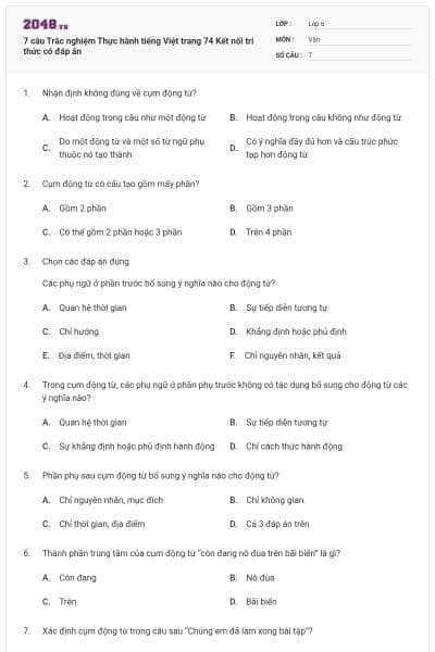 7 câu Trắc nghiệm Thực hành tiếng Việt trang 74 Kết nối tri thức có đáp án