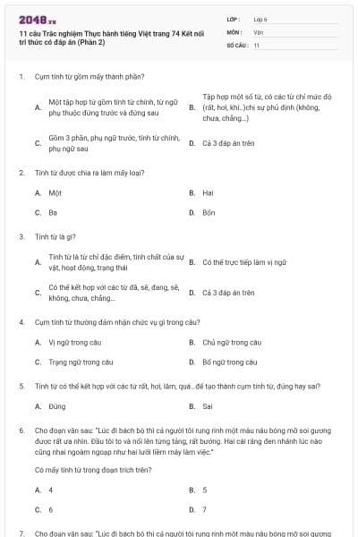 11 câu Trắc nghiệm Thực hành tiếng Việt trang 74 Kết nối tri thức có đáp án (Phần 2)