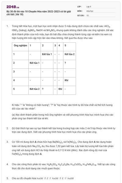 Bộ 30 đề thi vào 10 Chuyên Hóa năm 2022-2023 có lời giải chi tiết ( Đề 18)