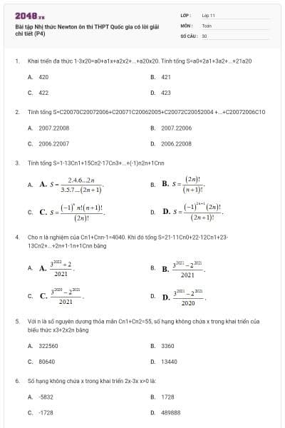 Bài tập Nhị thức Newton ôn thi THPT Quốc gia có lời giải chi tiết (P4)