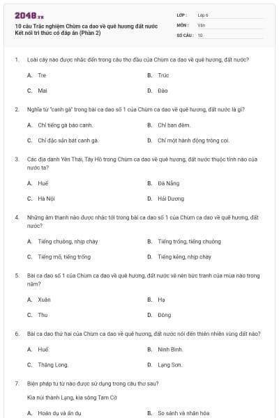 10 câu Trắc nghiệm Chùm ca dao về quê hương đất nước Kết nối tri thức có đáp án (Phần 2)