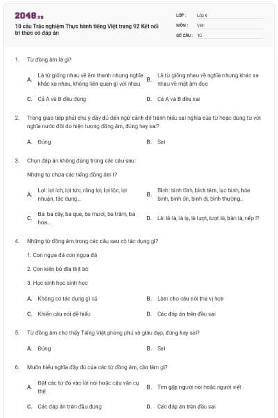 10 câu Trắc nghiệm Thực hành tiếng Việt trang 92 Kết nối tri thức có đáp án