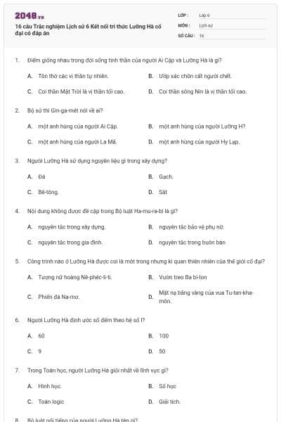 16 câu Trắc nghiệm Lịch sử 6 Kết nối tri thức Lưỡng Hà cổ đại có đáp án