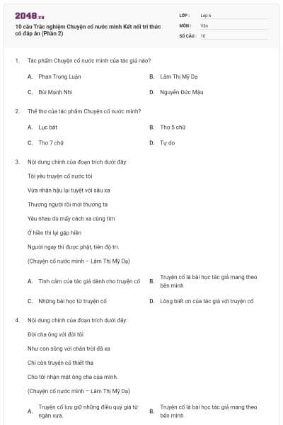 10 câu Trắc nghiệm Chuyện cổ nước mình Kết nối tri thức có đáp án (Phần 2)