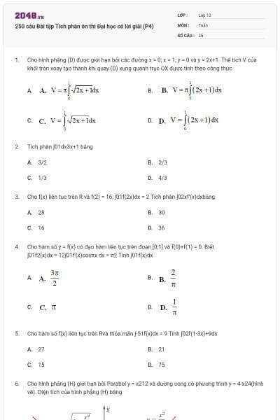 250 câu Bài tập Tích phân ôn thi Đại học có lời giải (P4)
