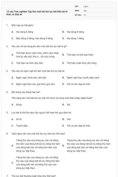 12 câu Trắc nghiệm Tập làm một bài thơ lục bát Kết nối tri thức có đáp án