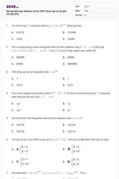 Bài tập Nhị thức Newton ôn thi THPT Quốc gia có lời giải chi tiết (P5)