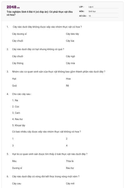 Trắc nghiệm Sinh 6 Bài 4 (có đáp án): Có phải thực vật đều có hoa?
