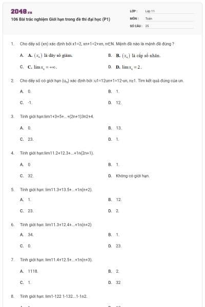106 Bài trắc nghiệm Giới hạn trong đề thi đại học (P1)