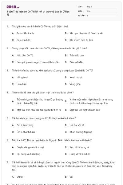 8 câu Trắc nghiệm Cô Tô Kết nối tri thức có đáp án (Phần 3)