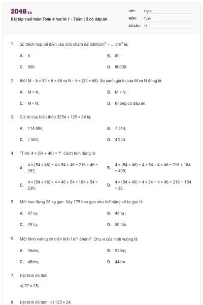 Bài tập cuối tuần Toán 4 học kì 1 - Tuần 12 có đáp án